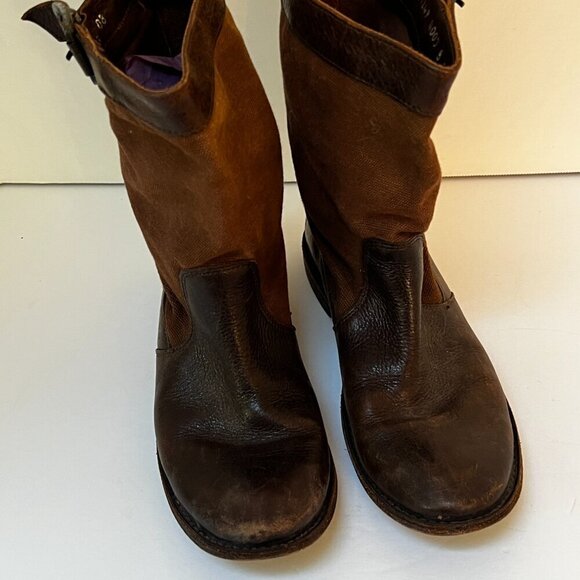 Frye Paige Short Riding Boots Brown Canvas & Leather Pull On Mid Calf 6.5 (READ) - Picture 4 of 15